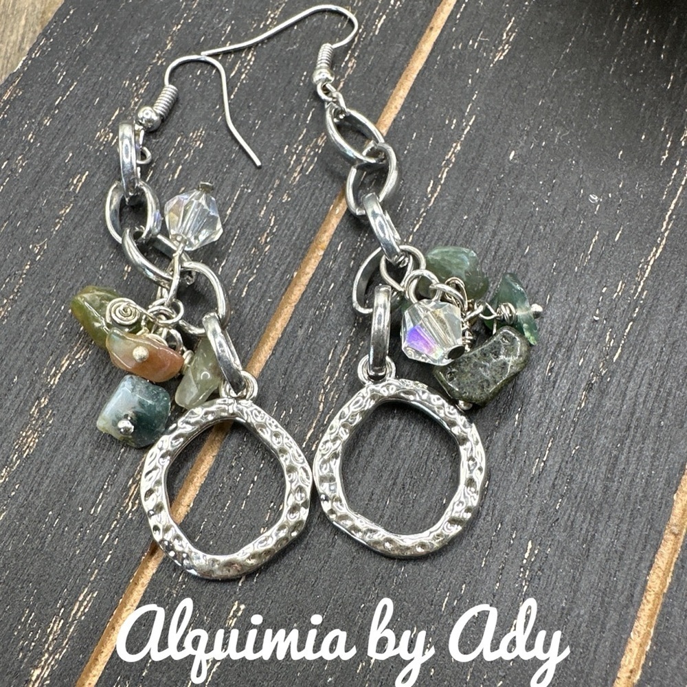 Statement silver moss agate extra long earrings